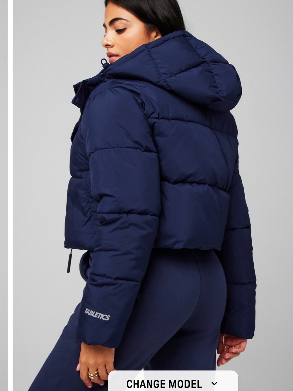 Fabletics Women's cropped Navy Puffer Hooded Jacket size S